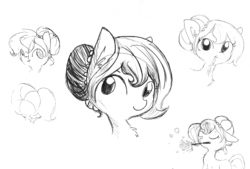 Size: 767x520 | Tagged: safe, artist:tjpones edits, edit, editor:dsp2003, oc, oc only, oc:brownie bun, earth pony, pony, horse wife, bust, chest fluff, duster, ear fluff, grayscale, monochrome, mouth hold, simple background, sketch, solo, white background