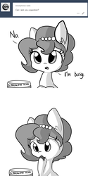 Size: 1650x3300 | Tagged: safe, artist:tjpones, oc, oc only, oc:brownie bun, earth pony, pony, horse wife, ask, busy, chocolate, comic, dialogue, ear fluff, eating, food, frosting, grayscale, hoof in mouth, monochrome, simple background, solo, tumblr, white background