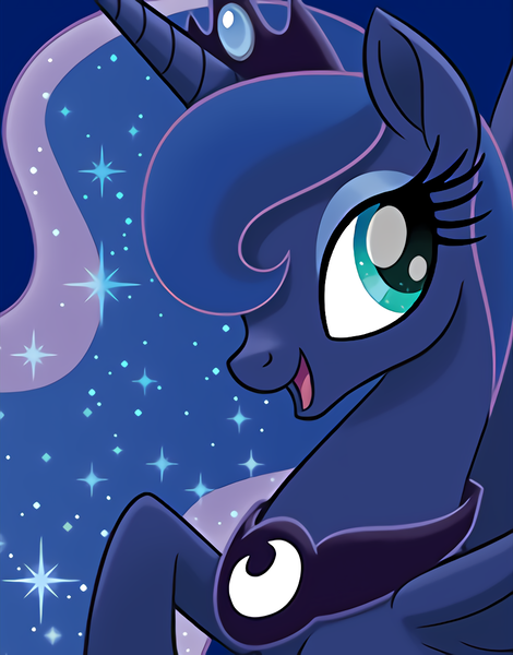 1500130 - safe, edit, princess luna, alicorn, pony, my little pony: the  movie, official, blue background, bust, crown, female, happy, jewelry,  looking back, mare, modified accessory, open mouth, portrait, raised hoof,  regalia,