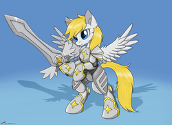 Size: 3499x2533 | Tagged: safe, artist:orang111, oc, oc only, oc:guardian dreamer, pegasus, semi-anthro, armor, bipedal, commission, fantasy class, hoof hold, knight, simple background, solo, sword, warrior, weapon
