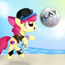Size: 2000x2000 | Tagged: safe, artist:songbirdserenade, apple bloom, earth pony, pony, g4, adorabloom, ball, beach, cap, clothes, cute, dog tags, female, hat, high res, jumping, solo, sunglasses