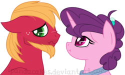 Size: 1122x675 | Tagged: safe, artist:ipandacakes, big macintosh, sugar belle, earth pony, pony, g4, beard, facial hair, female, male, older, ship:sugarmac, shipping, simple background, straight, transparent background