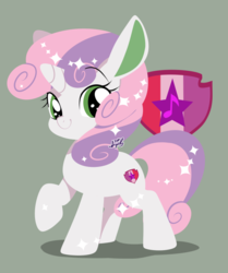 Size: 600x718 | Tagged: safe, artist:snow angel, sweetie belle, pony, unicorn, g4, cute, cutie mark background, diasweetes, female, filly, magic, raised hoof, simple background, smiling, solo