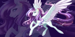 Size: 800x401 | Tagged: dead source, safe, artist:arcadianphoenix, oc, oc only, oc:aurora dream, pegasus, pony, female, flying, long tail, mare, smiling, solo, zoom layer