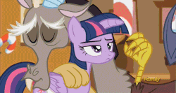Size: 600x320 | Tagged: safe, screencap, discord, twilight sparkle, alicorn, pony, g4, what about discord?, animated, floppy horn, gif, horn, twilight sparkle (alicorn), twilight sparkle is not amused, unamused