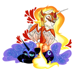 Size: 2500x2500 | Tagged: safe, artist:ihasjessie-kat, daybreaker, nightmare moon, alicorn, pony, a royal problem, g4, armor, cute, fangs, female, heart, high res, looking at you, mane of fire, mare, simple background, sitting, smiling, spread wings, transparent background, unamused, wings