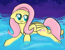 Size: 3300x2550 | Tagged: safe, artist:skyflys, fluttershy, pony, g4, colored pupils, cute, female, high res, night, solo, swimming, water