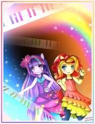 Size: 1000x1300 | Tagged: safe, artist:korollnap, sunset shimmer, twilight sparkle, equestria girls, g4, keyboard, looking at you, microphone, musical instrument, piano, rainbow