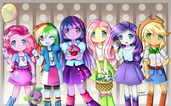 Size: 1440x900 | Tagged: safe, artist:korollnap, applejack, fluttershy, pinkie pie, rainbow dash, rarity, spike, twilight sparkle, dog, equestria girls, g4, looking at you, mane six, spike the dog