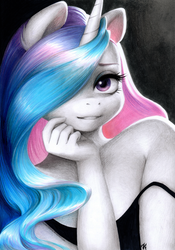 Size: 2332x3331 | Tagged: safe, artist:katputze, princess celestia, alicorn, anthro, g4, black dress, bust, clothes, colored pencil drawing, cute, cutelestia, dress, female, hair over one eye, high res, little black dress, looking at you, mare, smiling, solo, traditional art
