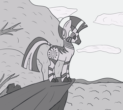 Size: 2268x2041 | Tagged: safe, artist:ononim, zecora, zebra, g4, atg 2017, cliff, cloud, everfree forest, female, forest, grayscale, high res, monochrome, newbie artist training grounds, quadrupedal, solo