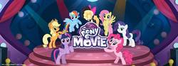 Size: 1200x445 | Tagged: safe, gameloft, applejack, fluttershy, pinkie pie, rainbow dash, rarity, songbird serenade, twilight sparkle, alicorn, pony, g4, my little pony: the movie, headworn microphone, mane six, my little pony logo, twilight sparkle (alicorn)