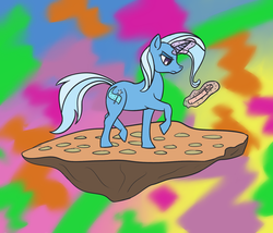 Size: 1995x1710 | Tagged: safe, artist:ononim, trixie, pony, unicorn, g4, abstract background, atg 2017, female, floating island, frown, glowing horn, horn, lost, magic, map, newbie artist training grounds, scroll, solo, telekinesis