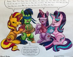 Size: 3211x2514 | Tagged: safe, artist:bozzerkazooers, starlight glimmer, sunset shimmer, twilight sparkle, alicorn, pony, unicorn, fanfic:turtles of equestria, g4, fanfic, fanfic art, high res, leonardo, ponified, teenage mutant ninja turtles, traditional art, twilight sparkle (alicorn), twilightnardo, wat