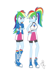 Size: 1536x2048 | Tagged: safe, artist:ilaria122, rainbow dash, equestria girls, g4, boots, breasts, busty rainbow dash, clothes, compression shorts, crossed arms, female, future, geode of super speed, hand on hip, happy, jewelry, magical geodes, multicolored hair, older, ponytail, shirt, shoes, simple background, skirt, sneakers, socks, striped socks, surprised, tank top, transparent background, wristband
