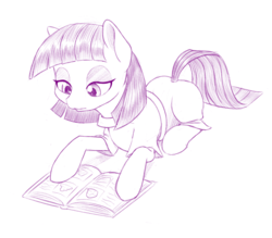 Size: 1000x874 | Tagged: safe, artist:dstears, maud pie, earth pony, pony, g4, book, clothes, female, lidded eyes, mare, monochrome, prone, reading, solo