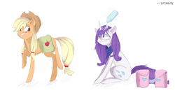 Size: 4793x2551 | Tagged: safe, artist:ratann, applejack, rarity, earth pony, pony, unicorn, g4, alternate hairstyle, duo, female, mare, saddle bag, simple background, smiling, tired, wet, wet mane, wet mane rarity