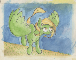 Size: 1800x1415 | Tagged: safe, artist:surcouff, lightning dust, pony, g4, female, flying, mare, sky, solo, traditional art, watercolor painting