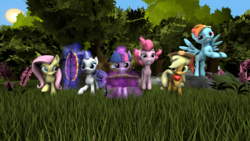 Size: 3840x2160 | Tagged: safe, artist:empireoftime, applejack, fluttershy, pinkie pie, rainbow dash, rarity, twilight sparkle, earth pony, pegasus, pony, unicorn, g4, 3d, female, flying, grass, high res, magic, mane six, mare, outdoors, smiling, source filmmaker, sun, tree