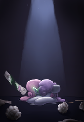 Size: 1000x1450 | Tagged: safe, artist:vanillaghosties, sweetie belle, pony, g4, female, filly, frustrated, glowing horn, horn, magic, paper, sad, solo