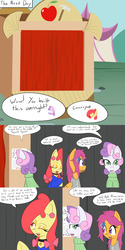 Size: 1600x3200 | Tagged: safe, artist:jake heritagu, apple bloom, scootaloo, sweetie belle, earth pony, pony, comic:ask motherly scootaloo, g4, clothes, comic, hairpin, motherly scootaloo, ponyville, stage, sweater, sweatshirt