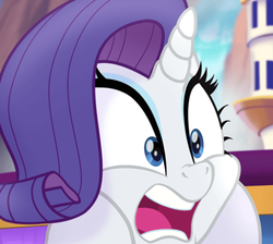 Size: 507x454 | Tagged: safe, screencap, rarity, pony, unicorn, g4, my little pony: the movie, cropped, female, frown, mare, nose wrinkle, open mouth, screaming, solo, squishy cheeks, wide eyes