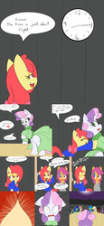 Size: 2400x5200 | Tagged: safe, artist:jake heritagu, apple bloom, derpy hooves, scootaloo, sweetie belle, pony, comic:ask motherly scootaloo, g4, clock, clothes, comic, curtains, dress, hairpin, motherly scootaloo, out of work derpy, ponyville, stage, sweatshirt