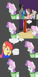Size: 1600x3200 | Tagged: safe, artist:jake heritagu, apple bloom, derpy hooves, dinky hooves, sweetie belle, earth pony, pony, comic:ask motherly scootaloo, g4, blushing, clothes, comic, dress, drink, gulp, out of work derpy, ponyville, stage, straw, sweat, video in description