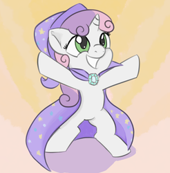 Size: 1120x1137 | Tagged: safe, artist:treekickerdraws, sweetie belle, pony, unicorn, g4, accessory swap, cape, clothes, cute, diasweetes, female, filly, grin, hat, mare, rearing, smiling, solo, standing, the great and powerful, trixie's cape, trixie's hat