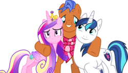 Size: 7140x4082 | Tagged: safe, artist:frownfactory, princess cadance, shining armor, spearhead, alicorn, earth pony, pony, unicorn, a flurry of emotions, g4, .svg available, absurd resolution, blue eyes, blue hair, blue mane, blue tail, colored wings, concave belly, cutie mark, female, horn, jewelry, male, mare, multicolored hair, multicolored mane, multicolored tail, multicolored wings, personal space invasion, simple background, slender, smiling, stallion, svg, thin, tiara, transparent background, vector, wings