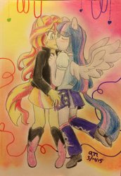 Size: 800x1162 | Tagged: safe, artist:fallenangel5414, sunset shimmer, twilight sparkle, equestria girls, g4, art trade, blushing, eyes closed, female, kissing, lesbian, ponied up, ship:sunsetsparkle, shipping, surprise kiss, traditional art