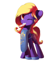 Size: 1000x1200 | Tagged: safe, artist:freeedon, oc, oc only, oc:butter cream, bat pony, pony, apron, clothes, cookie, female, food, looking at you, mare, mouth hold, one eye closed, simple background, smiling, solo, transparent background, wink