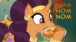 Size: 1366x768 | Tagged: safe, edit, edited screencap, screencap, saffron masala, pony, unicorn, g4, spice up your life, curry, cute, female, food, mare, photomanipulation, saffronbetes, solo, that pony sure does love curry