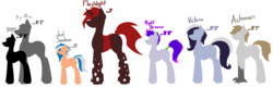 Size: 6200x2000 | Tagged: safe, artist:jacqueling, oc, oc only, oc:achimari, oc:flashlight, oc:jack sunshine, oc:night breeze, oc:victoria, bat pony, changeling, hippogriff, pegasus, pony, changeling oc, industrial, piercing, red changeling, rubber, size comparison, size difference, tail ring