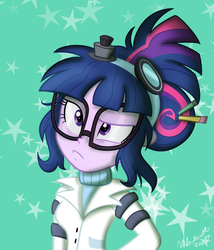 Size: 685x800 | Tagged: dead source, safe, artist:wubcakeva, sci-twi, twilight sparkle, equestria girls, g4, mad twience, my little pony equestria girls: summertime shorts, adorkable, alternate hairstyle, clothes, cute, dork, female, glasses, lab coat, solo, thinking