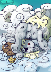 Size: 1280x1811 | Tagged: safe, artist:rainihorn, derpy hooves, pegasus, pony, g4, butt, cloud, cloudsdale, clumsy, crash, cute, derpabetes, dock, featureless crotch, female, food, letter, mailbag, mailmare, mare, muffin, outdoors, plot, underhoof, upside down