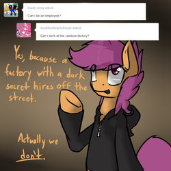 Size: 750x750 | Tagged: safe, artist:conmanwolf, scootaloo, pegasus, pony, ask factory scootaloo, fanfic:rainbow factory, g4, clothes, comic, factory scootaloo, female, sarcasm, solo
