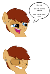 Size: 1246x1822 | Tagged: safe, artist:dragonchaser123, oc, oc only, oc:iron hammer, pony, 2 panel comic, comic, dialogue, meme, original character do not steal, simple background, solo, transparent background