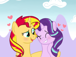 Size: 2005x1500 | Tagged: safe, artist:melodytheunicorn, starlight glimmer, sunset shimmer, pony, unicorn, g4, blushing, cloud, cloudy, cute, day, female, glimmerbetes, happy, hoof around neck, lesbian, mountain, outdoors, shimmerbetes, ship:shimmerglimmer, shipping