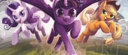 Size: 2797x1208 | Tagged: safe, applejack, rarity, twilight sparkle, alicorn, earth pony, pony, unicorn, g4, my little pony: the movie, concept art, it's coming right at us, leaping, running, spread wings, trio, twilight sparkle (alicorn), wings