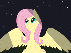 Size: 1600x1200 | Tagged: safe, artist:mpram, fluttershy, pegasus, pony, g4, female, inspired by a song, looking away, looking up, mare, night, sitting, smiling, solo, spread wings, stars, teary eyes, wings