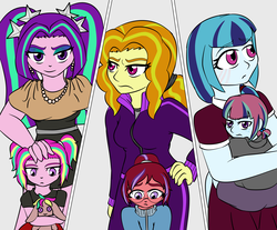 Size: 2414x2000 | Tagged: safe, artist:jolliapplegirl, adagio dazzle, aria blaze, sonata dusk, oc, oc:ardent melody, oc:rose red, oc:sour note, siren, equestria girls, g4, clothes, equestria girls-ified, female, high res, magical lesbian spawn, male, mother and daughter, mother and son, next generation, offspring, parent:adagio dazzle, parent:aria blaze, parent:princess cadance, parent:sonata dusk, parent:sour sweet, parent:sunset shimmer, parents:cadaria, parents:sournata, parents:sunsagio, siblings, story in the source