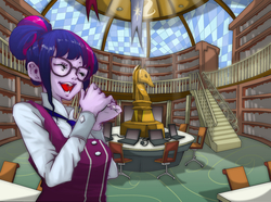 Size: 1000x744 | Tagged: safe, artist:ddd1983, sci-twi, twilight sparkle, equestria girls, g4, book, clothes, excited, female, glasses, library, smiling, solo