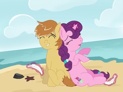 Size: 2732x2048 | Tagged: safe, artist:mrscuddlyfox, feather bangs, sugar belle, earth pony, pony, unicorn, g4, hard to say anything, beach, eyes closed, feather, female, fetish, high res, hoof fetish, hoof tickling, laughing, male, mare, ship:sugarbangs, stallion, tickling