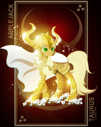 Size: 1753x2200 | Tagged: safe, artist:zidanemina, applejack, earth pony, pony, g4, armor, crossover, female, gold cloth, gold saint, helmet, mare, saint seiya, serious, serious face, solo, taurus, zodiac