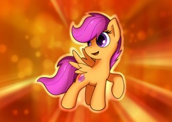 Size: 3508x2480 | Tagged: safe, artist:conniethecasanova, artist:flamevulture17, edit, scootaloo, pegasus, pony, g4, female, filly, high res, looking back, raised hoof, smiling, solo, wallpaper, wallpaper edit