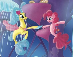 Size: 809x639 | Tagged: safe, pinkie pie, princess skystar, seapony (g4), g4, my little pony: the movie, bubble, female, fin wings, fins, fish tail, flower, flower in hair, jewelry, looking at each other, looking at someone, mare, necklace, ocean, open mouth, open smile, pearl necklace, seaponified, seapony pinkie pie, seaquestria, seashell necklace, smiling, smiling at each other, species swap, tail, underwater, water, wings