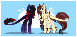 Size: 1800x856 | Tagged: safe, artist:inspiredpixels, oc, oc only, oc:fiery blood, oc:pixel, original species, pony, unicorn, female, mare, tail feathers, winged hooves