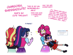 Size: 724x542 | Tagged: safe, artist:crydius, pinkie pie, sci-twi, sunset shimmer, twilight sparkle, oc, oc:gamma, android, comic:meet gamma, equestria girls, g4, application, asphyxiation, blue screen of death, cinderella, clothes, converse, crossover, cute, cutie mark, error, female, hug, hug on the neck, lesbian, magical lesbian spawn, mercy, microsoft windows, notification, offspring, parent:sci-twi, parent:sunset shimmer, parents:scitwishimmer, scientific lesbian spawn, ship:sci-twishimmer, ship:sunsetsparkle, shipping, shoes, simple background, skirt, starry eyes, this will end in parties, transparent background, wingding eyes