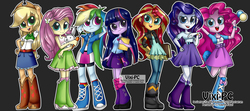 Size: 7939x3530 | Tagged: safe, artist:vixi-pc, applejack, fluttershy, pinkie pie, rainbow dash, rarity, sunset shimmer, twilight sparkle, equestria girls, g4, looking at you, mane six